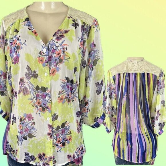 Sara Michelle S Sheer Green Floral Stripe Button Step-Hem Lace 1/2 Sleeve Blouse - Picture 1 of 6
